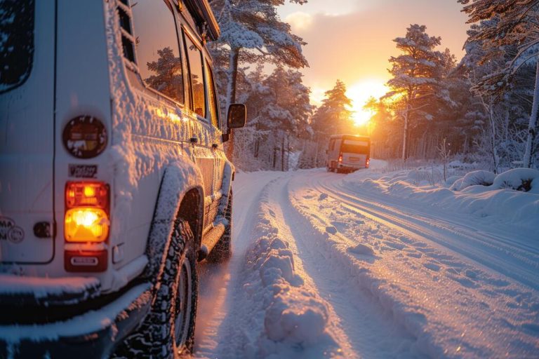 vehicle-on-snowy-road-through-winter-forest-at-sunset-free-photo